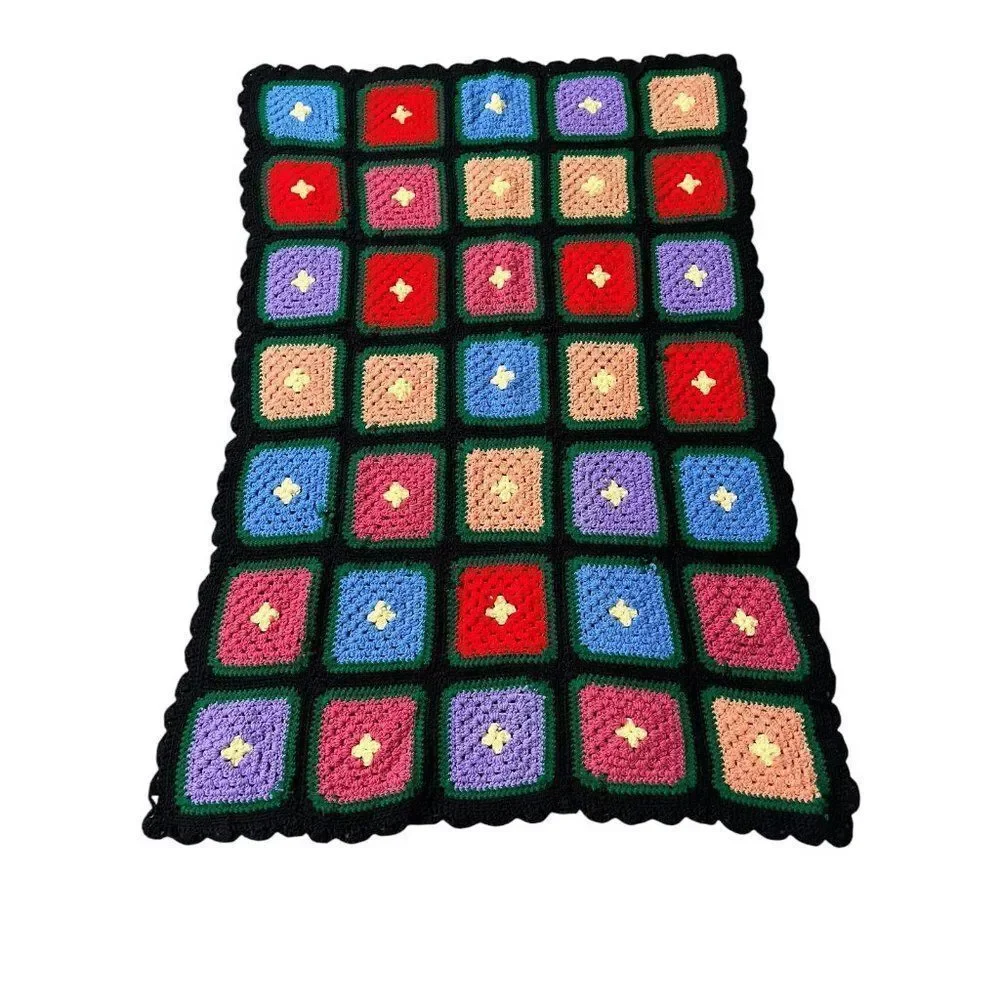 Handmade Crochet Granny Square Afghan Throw Blanket Dark Colors Black Purple Red